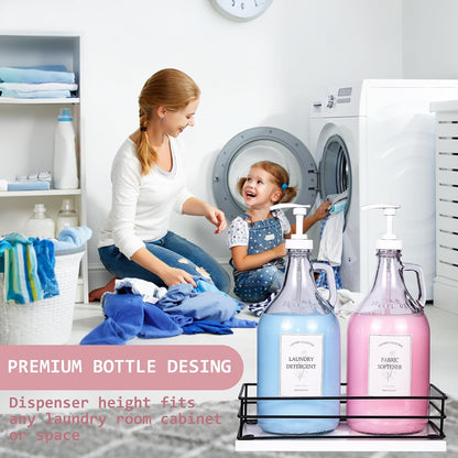 Glass Laundry Detergent Dispenser,1 Gallon Large Liquid Soap 2 Pack(Gold) | Complete borosilicate jars set with leakproof spigots, protective silicone mats, minimalist labels, and dosing cups