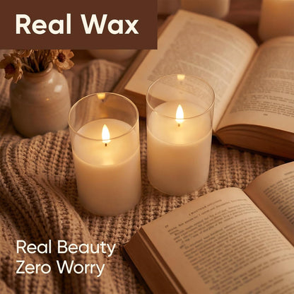 Amagic Clear Glass Flameless Candles Battery Operated with Timer, Remote Control, LED Pillar Candles, Battery Powered, Valentine's Day Decor, Pure White Wax, Set of 3