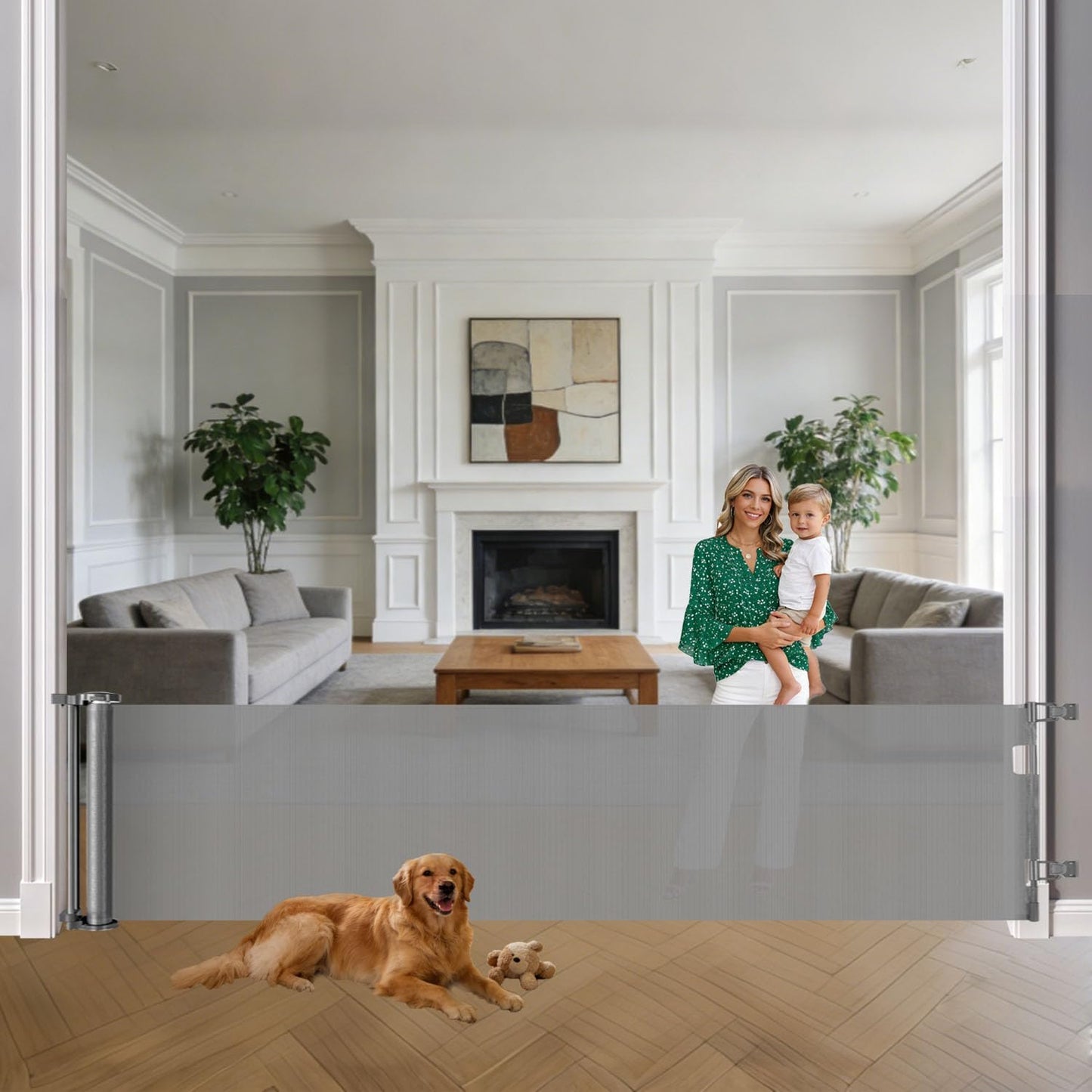 33” Tall X 50” Wide Retractable Baby Gates for Doorways One-Hand Easy Operation Retractable Dog Gate Outdoor Scratch-Resistance Mesh Pet Gate Indoor 4.17Ft Long Doggy Gates for Inside Dog Fence, Brown