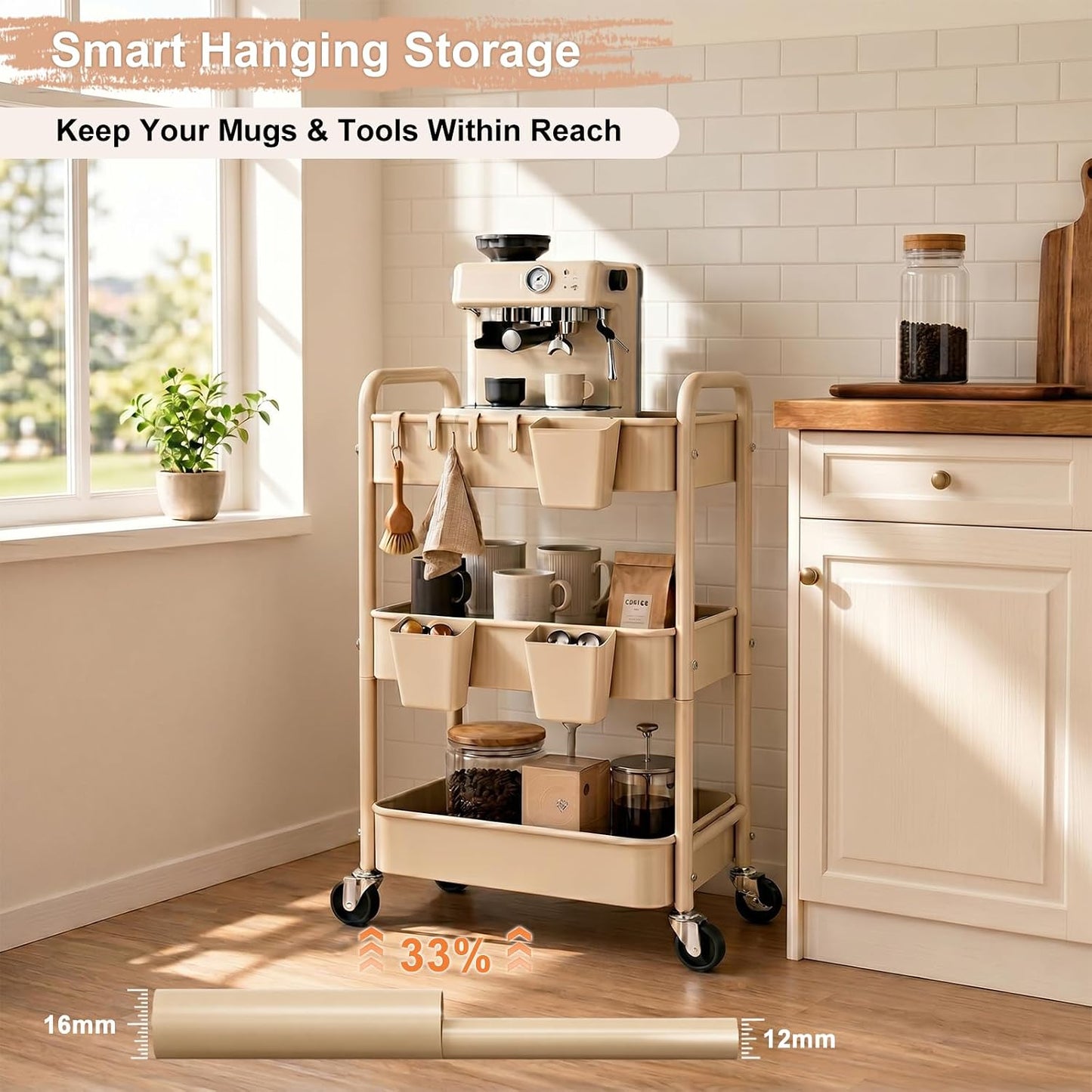 2 Tier Small Rolling Cart Metal with Wheels, White Under Desk Storage Cart on Wheels, Short Utility Roller Caddy Carts Organizer for Art,Craft,Pantry,Bathroom, Two Tiered Shelf Trolley,22 Inches Tall