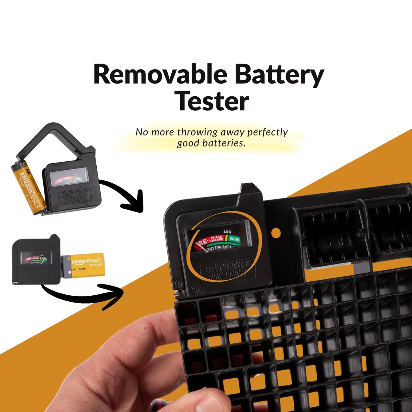 Bee Neat Hanging Battery Organizer with Tester - Battery Storage Box for Wall or Drawer - New & Improved Slanted Slot Design - Max. 117 Batteries AA, AAA, 9Volt, C, D & Button Batteries