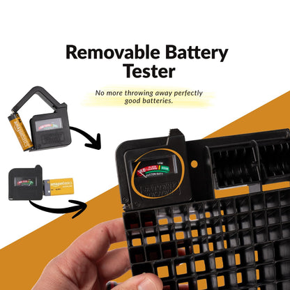 Bee Neat Hanging Battery Organizer with Tester - Battery Storage Box for Wall or Drawer - New & Improved Slanted Slot Design - Max. 117 Batteries AA, AAA, 9Volt, C, D & Button Batteries