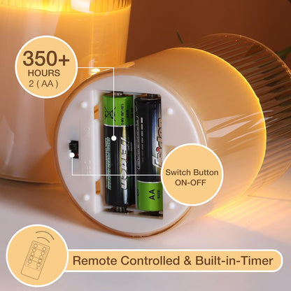 Eywamage Smoke Grey Ribbed Glass Flameless Pillar Candles with Remote, Flickering LED Wax Candles Battery Operated Set of 3