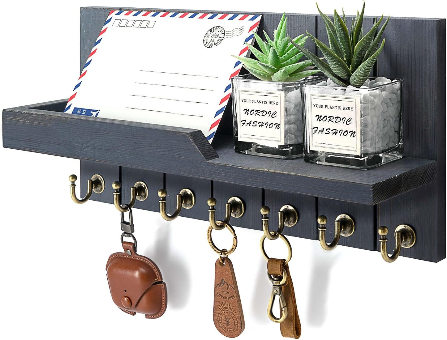 Rebee Vision Decorative Key Holder Wall Mount - Rustic Key Holder for Wall with Shelf and Mail Organizer for Living Room Decor - Home Essentials for Home Improvement (Brown, 3.54" x 10" x 7.28")