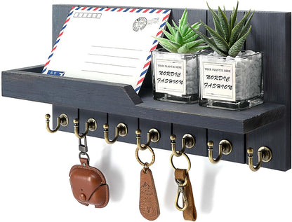 Rebee Vision Decorative Key Holder Wall Mount - Rustic Key Holder for Wall with Shelf and Mail Organizer for Living Room Decor - Home Essentials for Home Improvement (Brown, 3.54" x 10" x 7.28")
