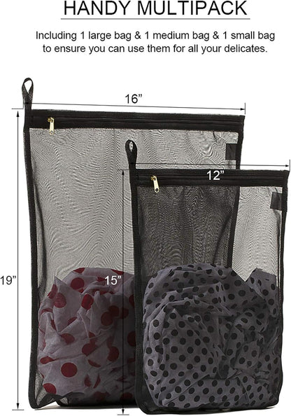 TENRAI Delicates Laundry Bags, Bra Fine Mesh Wash Bag for Underwear, Lingerie, Bra, Pantyhose, Socks, Use YKK Zipper, Have Hanger Loops (Black, 1 Large & 1 Medium)