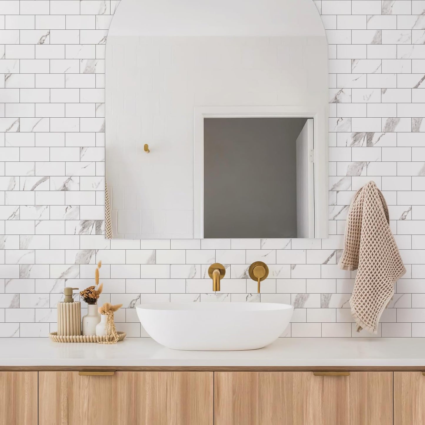 STICKGOO 10-Sheet Subway Tile Peel and Stick Backsplash, Seamless Design Polished Eurasia Beige Kitchen Backsplash Wall Tiles, Glossy Surface Waterproof Stick on Tile for Bathroom, RV, Fireplace