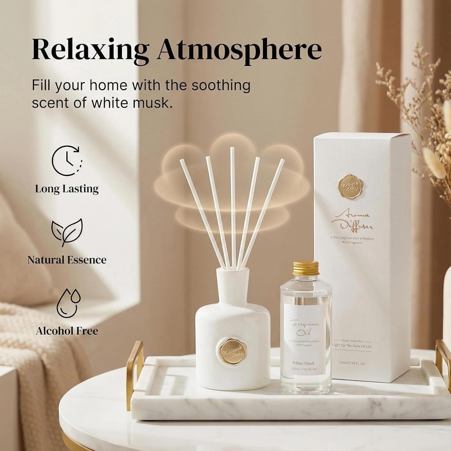 Reed Diffuser Set-Oud&Bergamot-Strong Scent, Long-Lasting Evaporation with Natural Reed Sticks & Essential Oils, Elegant Fragrance for Bathroom Bedroom Office Decor Air Fresh-Ideal Gifts