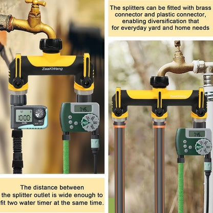 Garden Hose Splitter 2 Way, Heavy Duty Water Hose Spigot Bib Splitter, Outdoor Faucet Splitter with Shutoff Valve, T Adapter Connector with 3/4 - Inch GHT Thread (Grey)