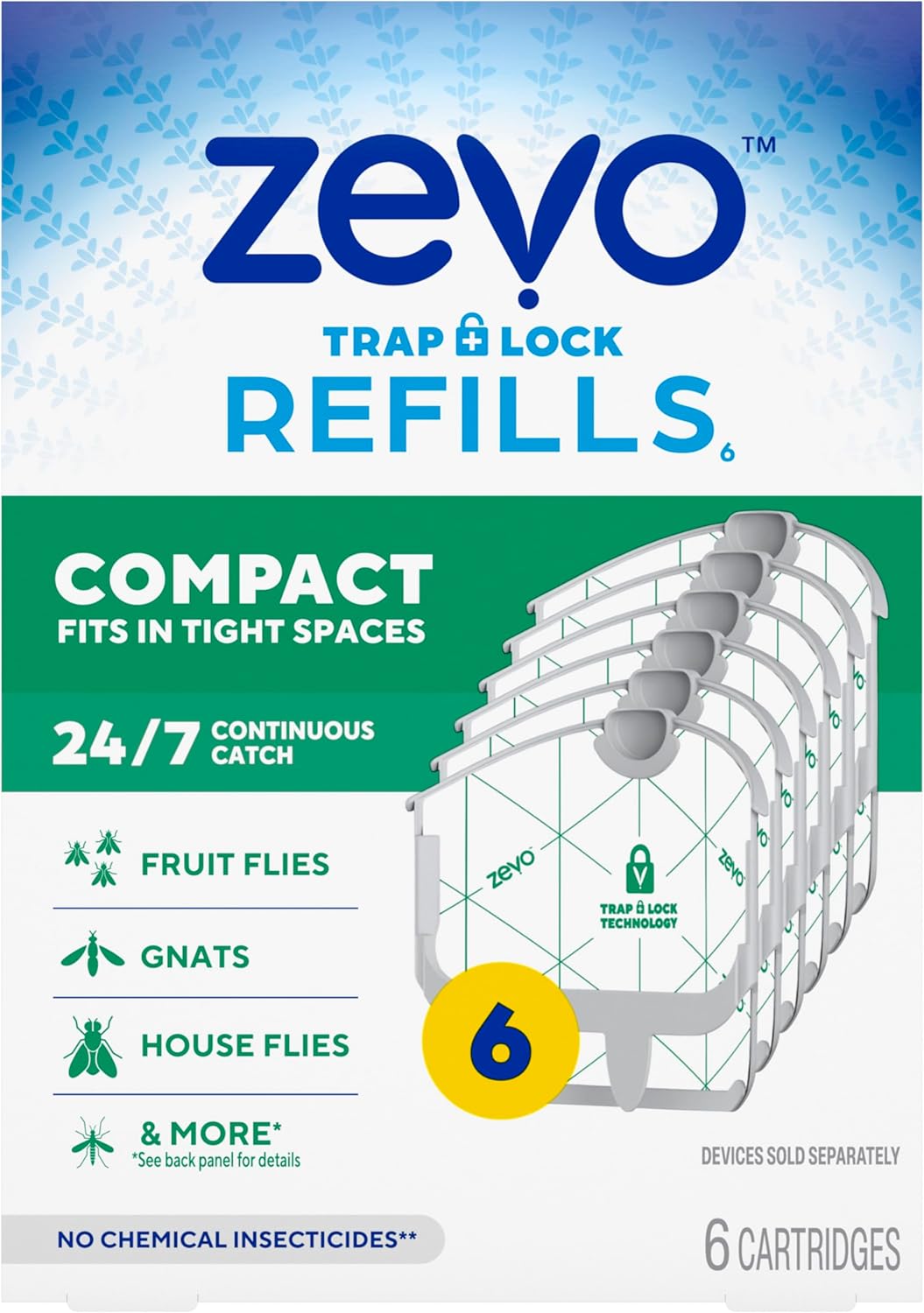 Zevo Compact Flying Insect Trap Kit with Refill Cartridges - Plug-in Indoor Bug Catcher for Gnats, House & Fruit Flies - Blue + UV Light Technology, No Odor, No Mess (1 Plug-in Device + 3 Cartridges)