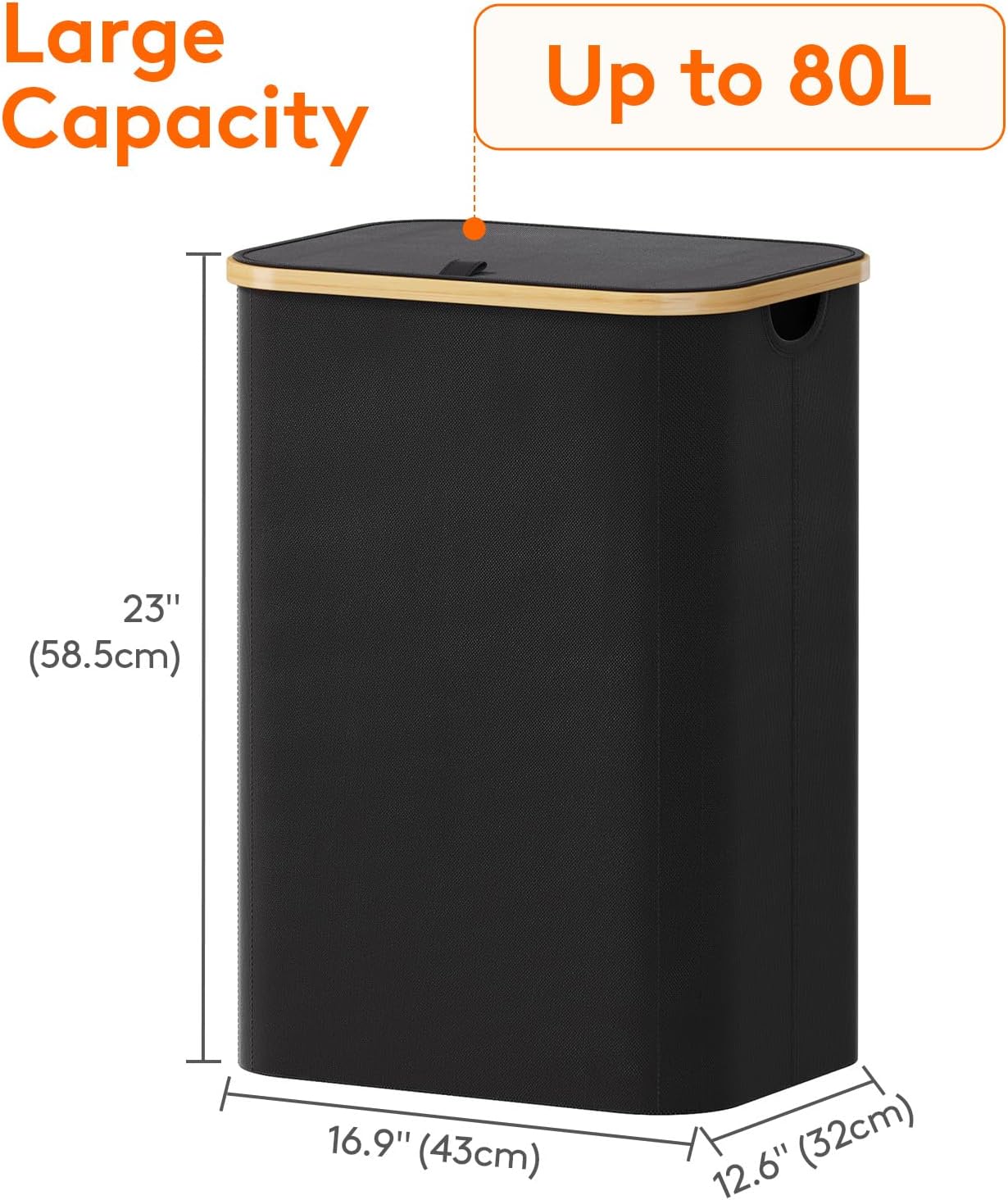 Lifewit 120L Laundry Basket with Lid, Clothes Hampers for Laundry with Bamboo Handles and 2 Removable Bag, Large Foldable Laundry Hamper for Bedroom, Bathroom, Dorm, Laundry Room, Beige