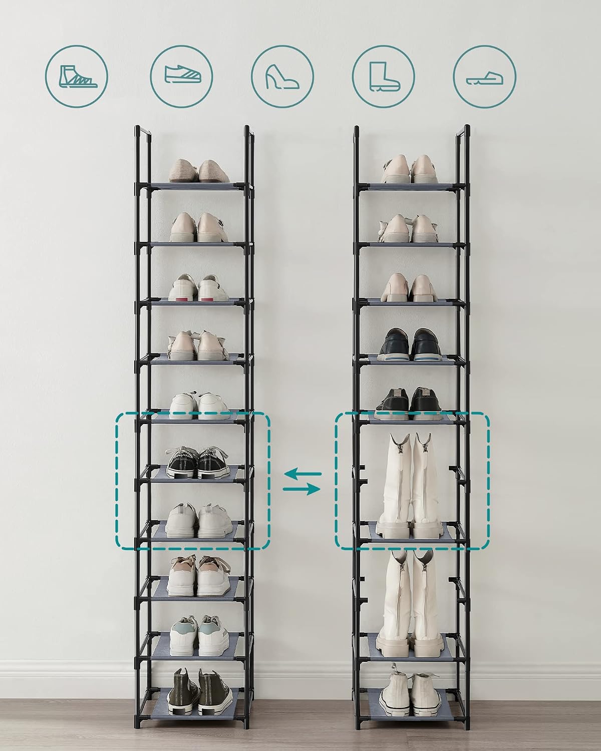 SONGMICS Shoe Rack, 10-Tier Shoe Shelf, Shoe Storage Organizer, 11 x 17.7 x 68 Inches, Metal Frame, Non-Woven Fabric Shelves, for Entryway, Bedroom, Black ULSH010B02