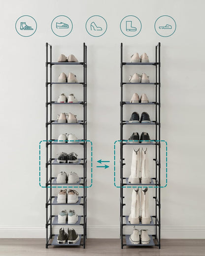 SONGMICS Shoe Rack, 10-Tier Shoe Shelf, Shoe Storage Organizer, 11 x 17.7 x 68 Inches, Metal Frame, Non-Woven Fabric Shelves, for Entryway, Bedroom, Black ULSH010B02