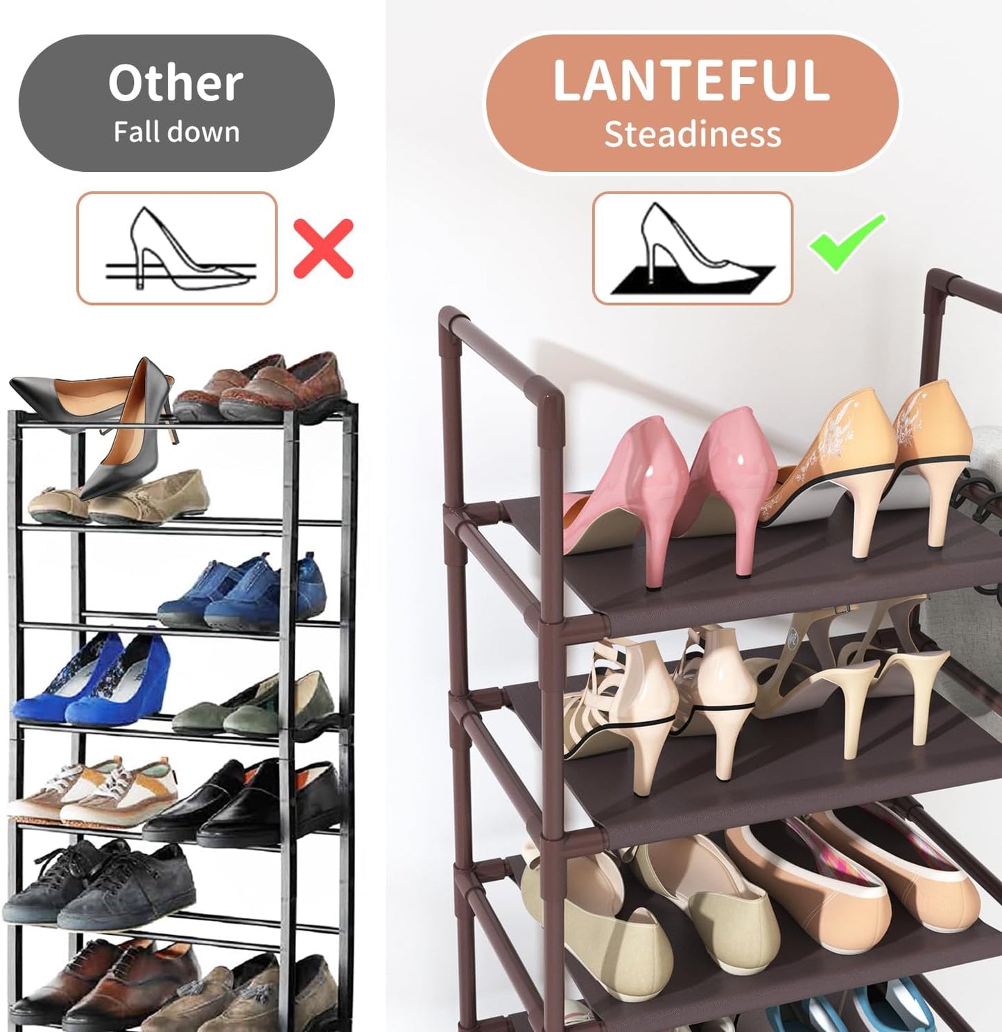 LANTEFUL 10 Tiers Tall Shoe Rack 20-25 Pairs Boots Organizer Storage Sturdy Narrow Shoe Shelf for Entryway, Closets with Hooks, Black