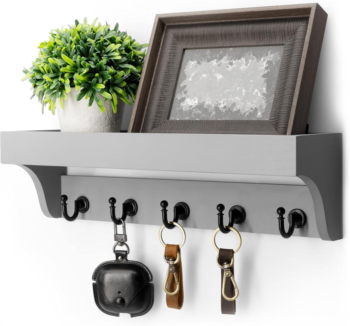 Rebee Vision Farmhouse Key Holder for Wall - Decorative Wooden Mail Organizer with 5 Rustic Key Hooks and Floating Shelf for Home Decor, Hallway, Entryway, Appartment (Retro Brown)