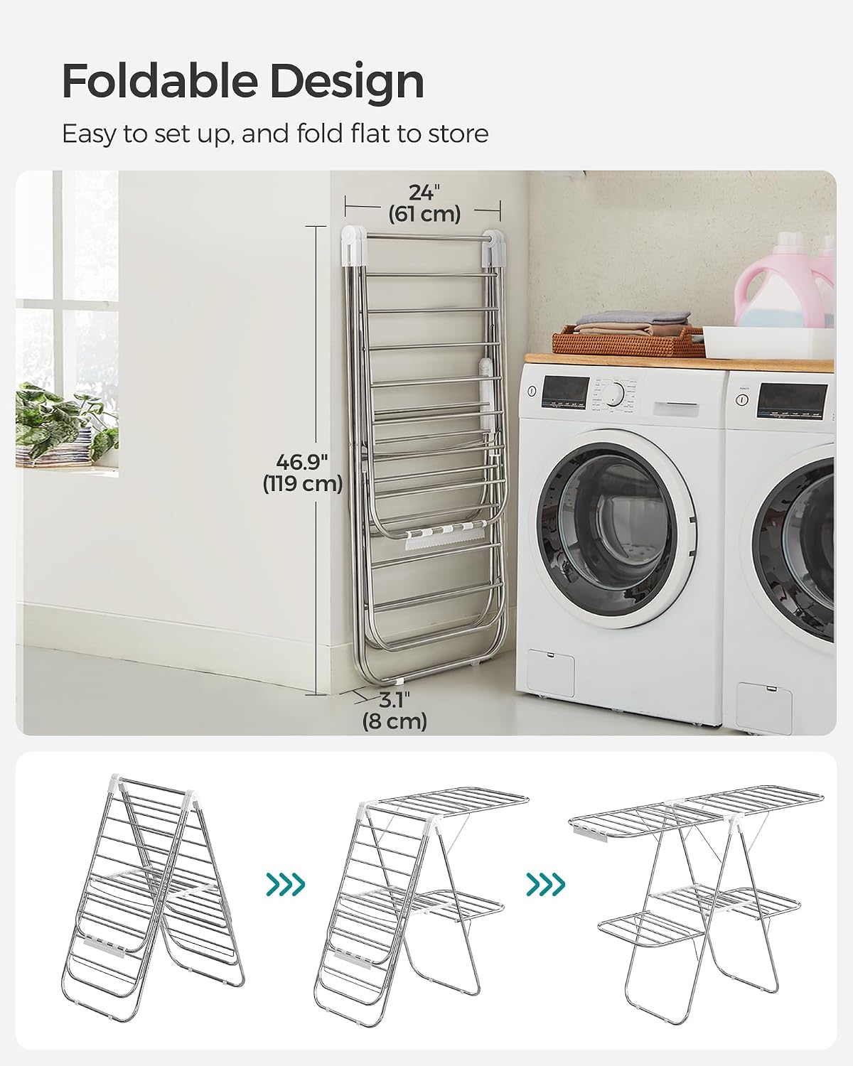 SONGMICS Clothes Drying Rack, with Sock Clips, Metal Laundry Rack, Foldable, Space-Saving, Free-Standing Airer, with 2 Height-Adjustable Gullwings, Indoor Outdoor Use, Gray ULLR052G01