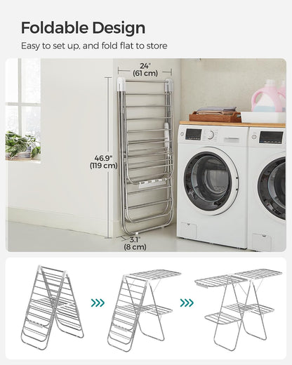SONGMICS Clothes Drying Rack, with Sock Clips, Metal Laundry Rack, Foldable, Space-Saving, Free-Standing Airer, with 2 Height-Adjustable Gullwings, Indoor Outdoor Use, Gray ULLR052G01