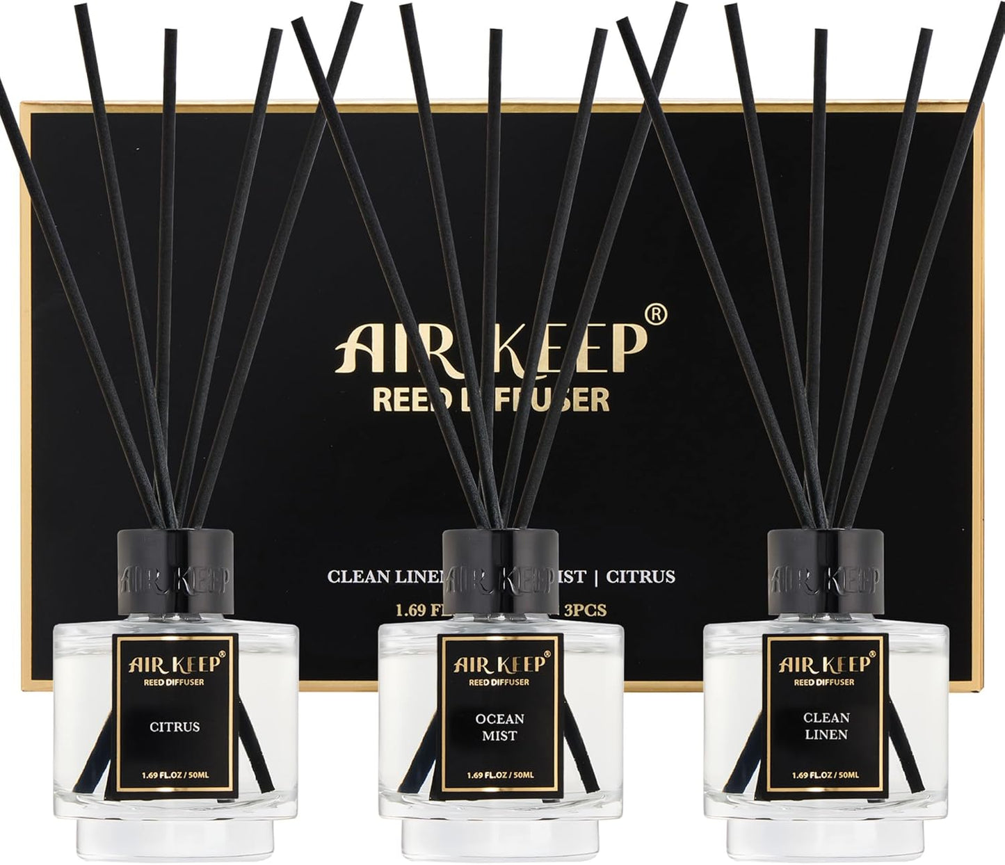 Airkeep Reed Diffuser Set of 3 for Bathroom Air Fresheners, Oil Diffuser Sticks | Cedar Wood,White Pine Moroccan Amber Scent Diffuser(1.7 fl oz*3) Fragrance with 18 Sticks Defusers | Shelf Decor