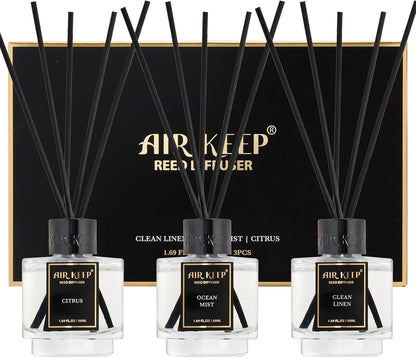 Airkeep Reed Diffuser Set of 3 for Bathroom Air Fresheners, Oil Diffuser Sticks | Cedar Wood,White Pine Moroccan Amber Scent Diffuser(1.7 fl oz*3) Fragrance with 18 Sticks Defusers | Shelf Decor