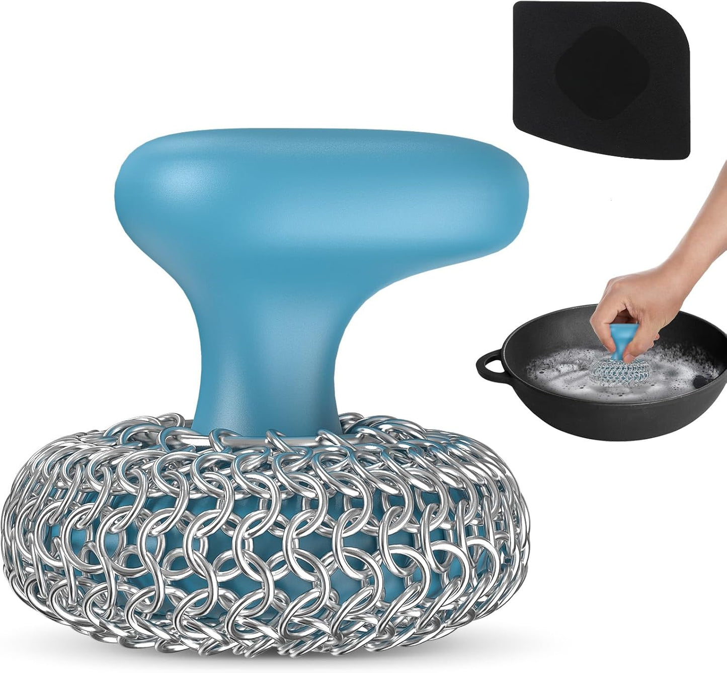 Cast Iron Scrubber | Dish Scrub Brush | 316 Cleaner Chainmail Scrubber for Cast Iron Pan Skillet Cleaner - Dish Scouring Pad Dishwasher Safe Cleaning Kit, Black 02