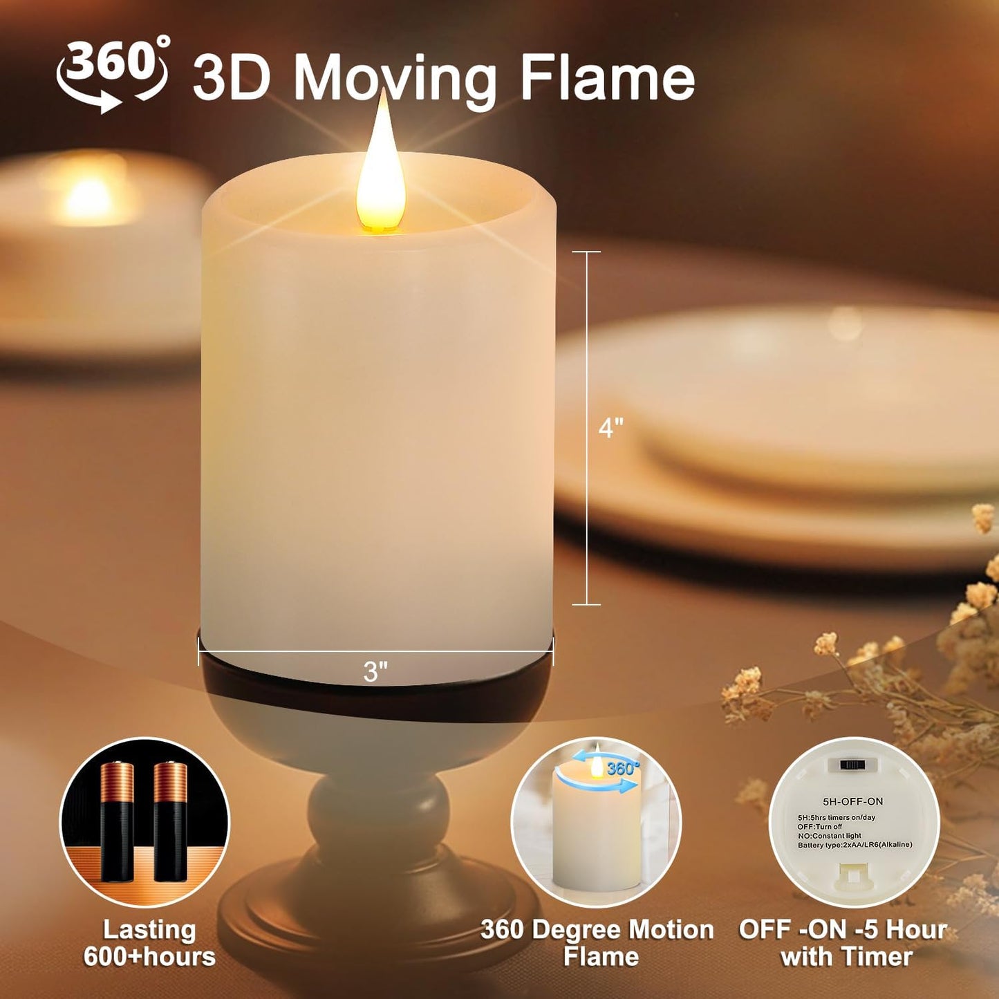 Flickering Flameless Candles with 3D Moving Flame, Real Wax Battery Operated Candles with Timer and Remote, Last 600+ Hours, 3" x 3" LED Fake Candles for Home Wedding Christmas Decor, 2 Pack