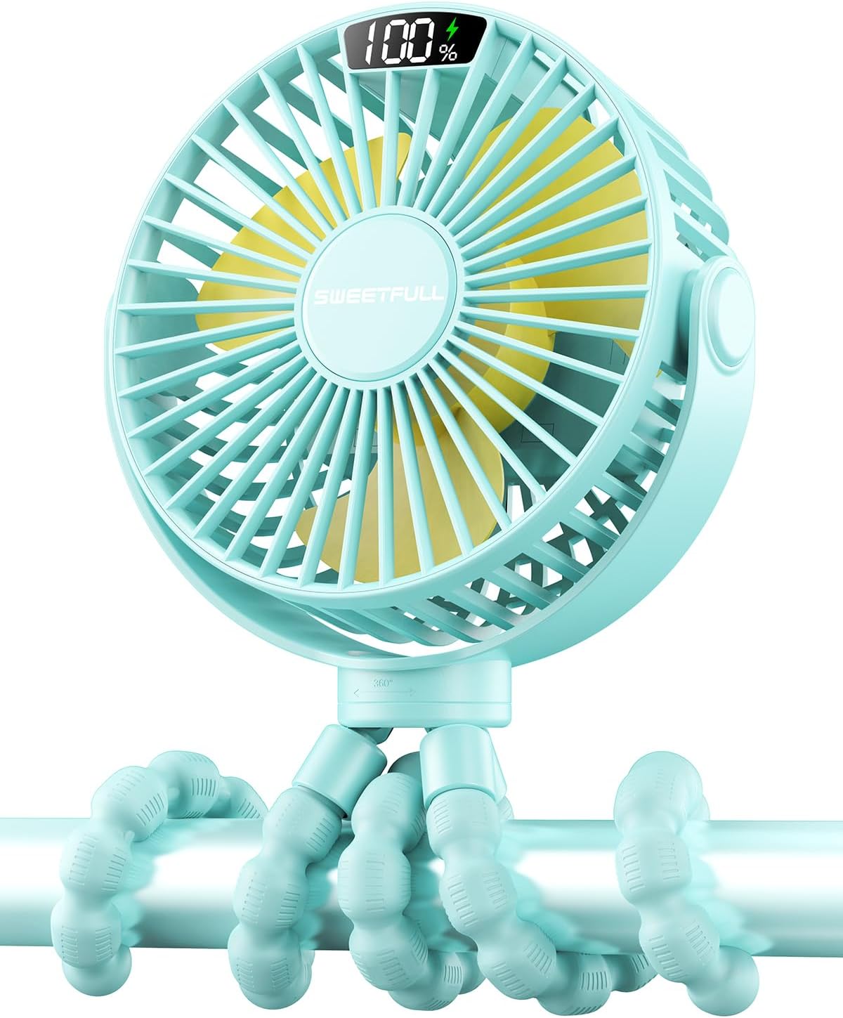 SWEETFULL [2026 Upgrade Portable Stroller Fan with LED Display, 4 Speed Rechargeable Mini Clip On Fan, 360° Rotate Flexible Tripod Better Cooling Small Baby Fan for Car Seat Crib Travel Treadmill