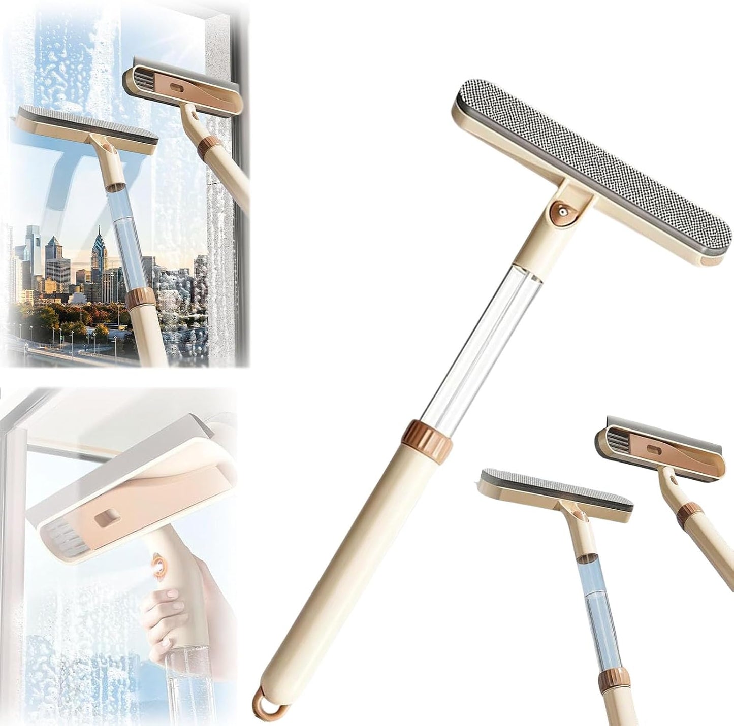 3-in-1 Double-Sided Window Screen Cleaning Brush, Window Washing Kit with Extension Pole, Cleaning Cloth Squeegee, Multifunctional Spray Window Tool for Outdoor Windows, Glass, Mirrors (Yellow)