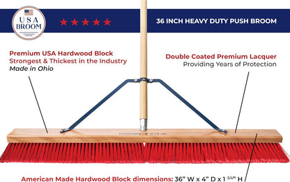 36" Heavy Duty Outdoor Push Broom with 60" Handle. Ideal for Asphalt, Concrete & Heavy Debris. Durable American Made Steel Brackets-Stainless Steel Hardware. No Plastic. 100% USA Made