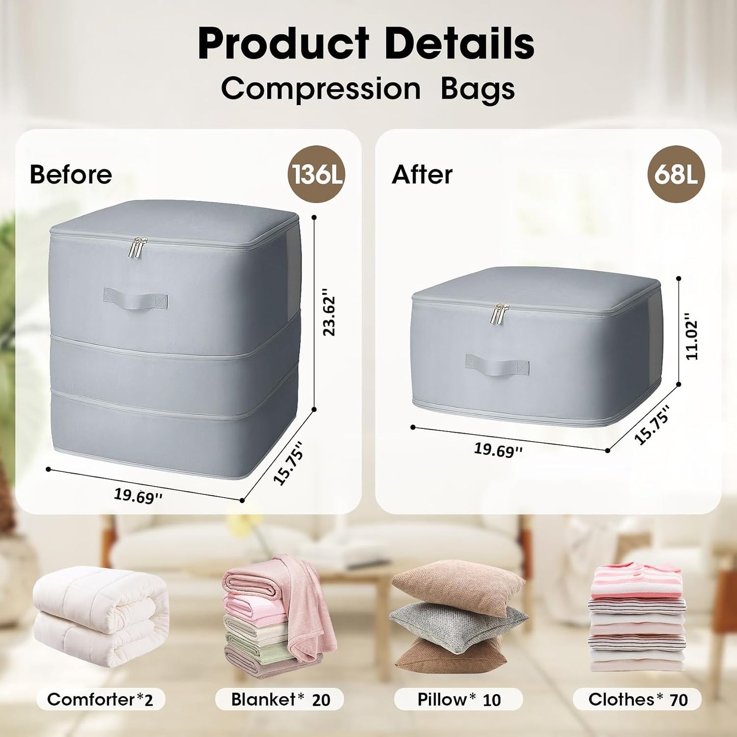 4 Pack Comforter Storage Bag, 68L Blanket Storage Bags Self Compression Comforter Organizer and Storages, Space Saving Washable Compression Bags for Blanket Bedding Pillow Duvet Quilt, Beige