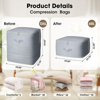 4 Pack Comforter Storage Bag, 68L Blanket Storage Bags Self Compression Comforter Organizer and Storages, Space Saving Washable Compression Bags for Blanket Bedding Pillow Duvet Quilt, Beige