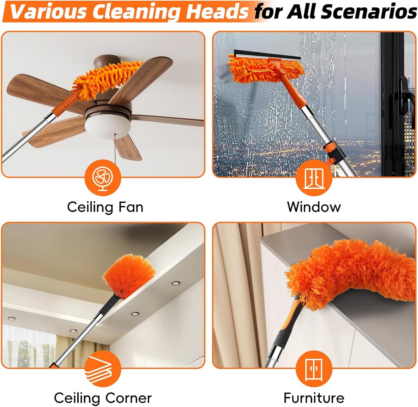 DALTACK 28 Foot High Dusters Kit for Cleaning with 5-20 Foot Heavy Duty Extension Pole, Extendable Reusable Cobweb, Feather, Ceiling Fan Cleaner Duster, Window Squeegee Kit