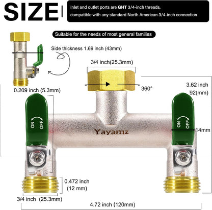 Garden Hose Splitter, 3/4” Rust and Freeze Resistant Outdoor Hose Manifold with 2 Red Extra Long Handles Faucet Adapter-Heavy Duty Brass Nickel Plated 2-Way Valve