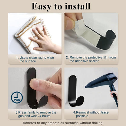 ATDOALL Adhesive Towel Hooks, 20 PCS Stainless Steel Self Adhesive Wall Hooks, Black Heavy Duty Shower Hook, Waterproof Oilproof Rustproof for Bathroom, Kitchen, Living Room