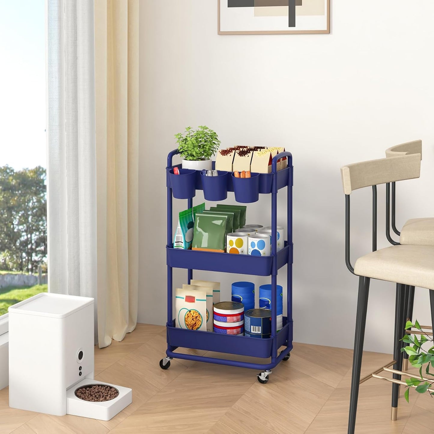 JIUYOTREE 4-Tier Plastic Rolling Storage Cart Utility Cart with Extra Hanging Cups Handles Lockable Wheels for Living Room Bathroom Kitchen Office White