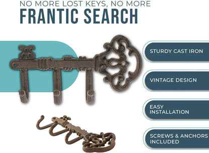 Comfify Brown Cast Iron Skeleton Key Wall Hook – 3 Hooks, 10.8" L | Brown; cast iron; 10.8"L x 2"W x 4.7"H; 3 hooks; KEYS embossed; matching brown screws; farmhouse entryway decor