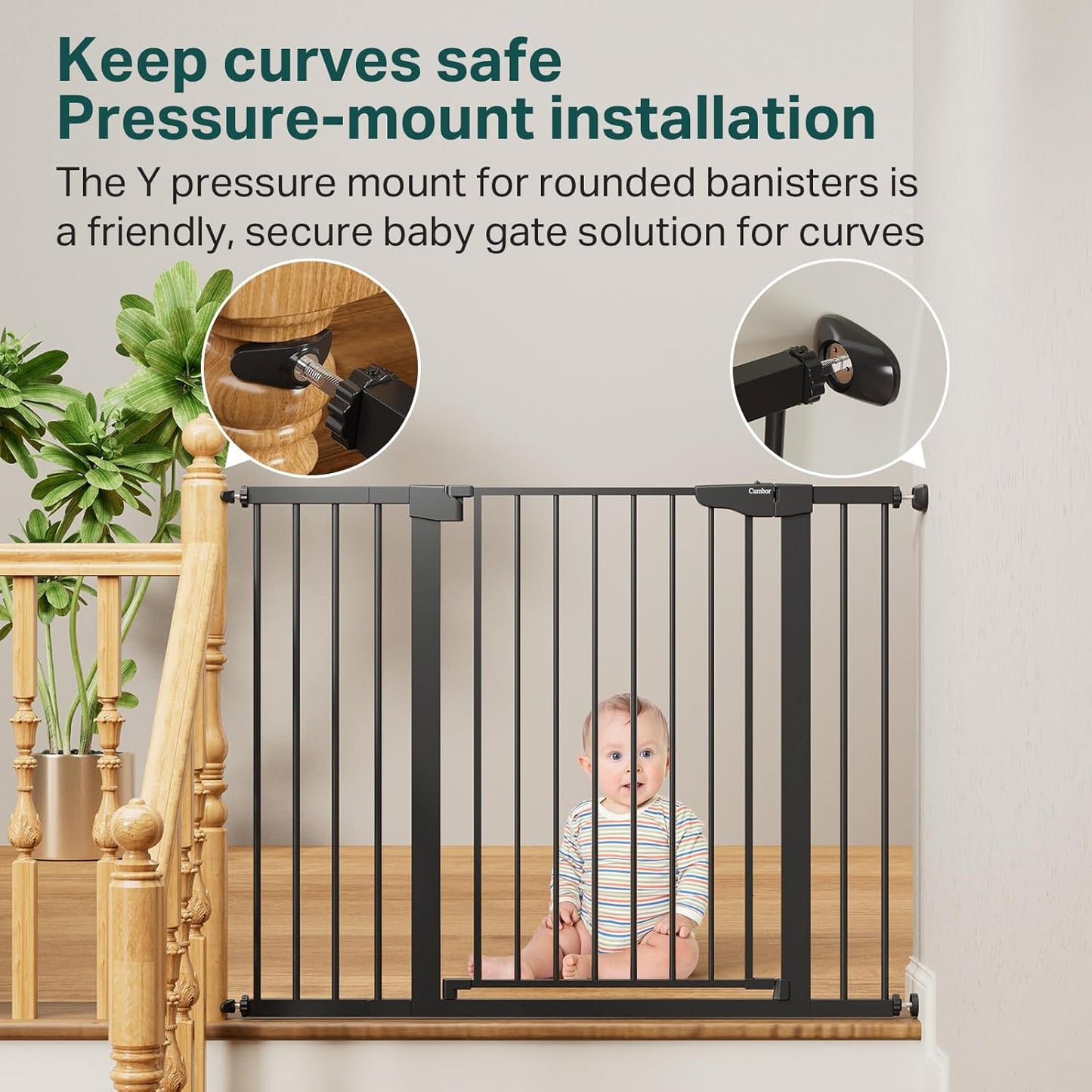 Cumbor 29.7-48" Baby Gate for Stairs, Mom's Choice Awards Winner-Dog Gate for Doorways, Auto Close Safety Pet Gate for Dogs Indoor, Easy Install Pressure Mounted Child Gate with Walk Thru Door, Brown