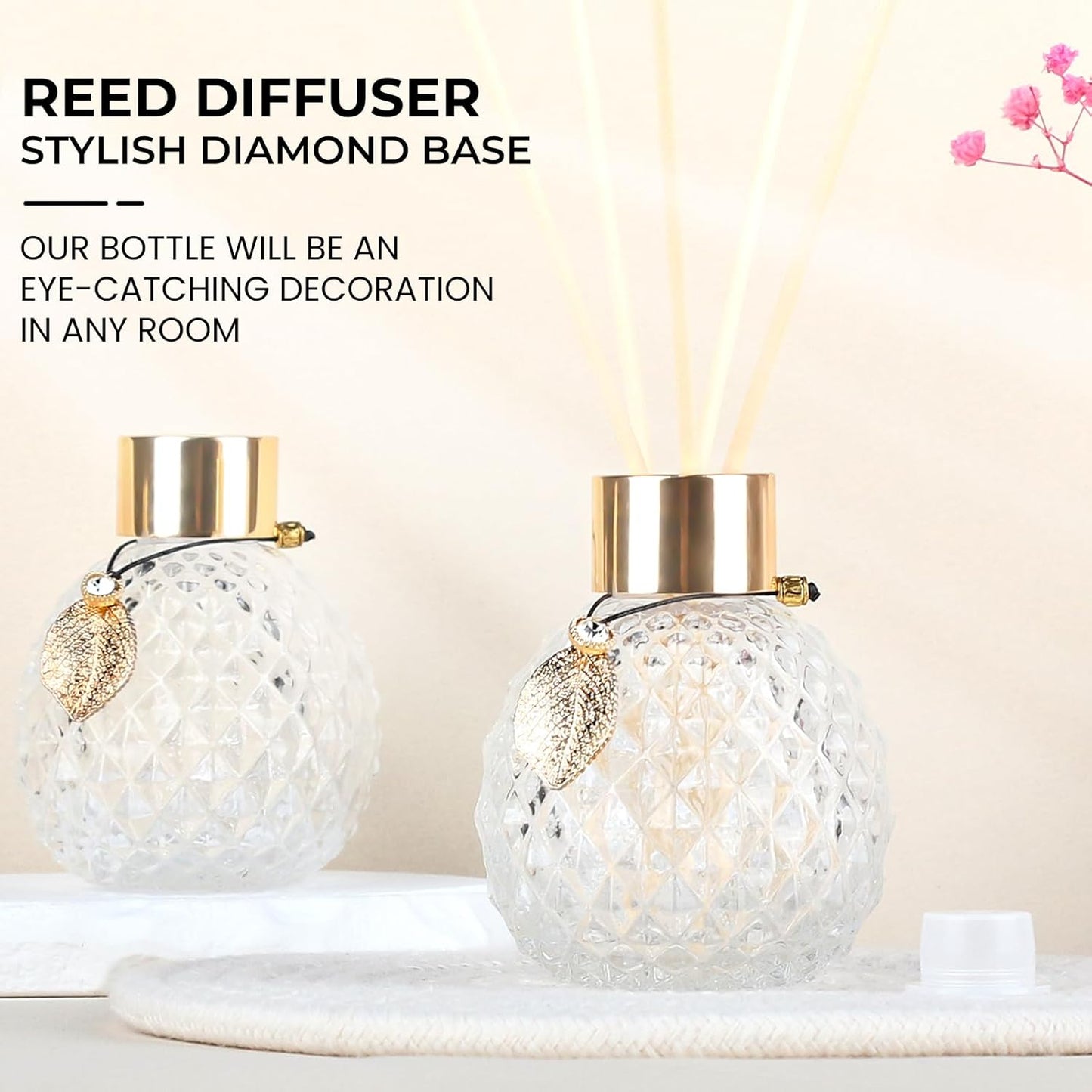 4-Piece Reed Diffuser Set with Metal Golden Decoration, 3.5-4.2oz Empty Bottles and 20 Reed Sticks, Unique Design for Home and Office (4 Different Bottles)