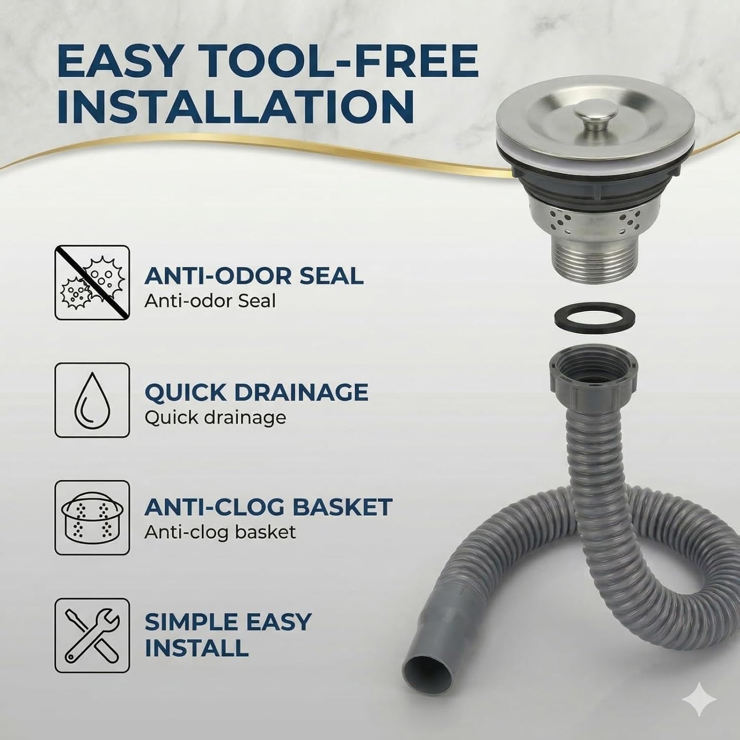 Stainless Steel Sink Drain Strainer Assembly with Flexible Hose - Salon Shampoo Bowl Drain Kit with Deep Hair Catcher Basket & Stopper - Fits 3.1" to 3.5" Sink Openings