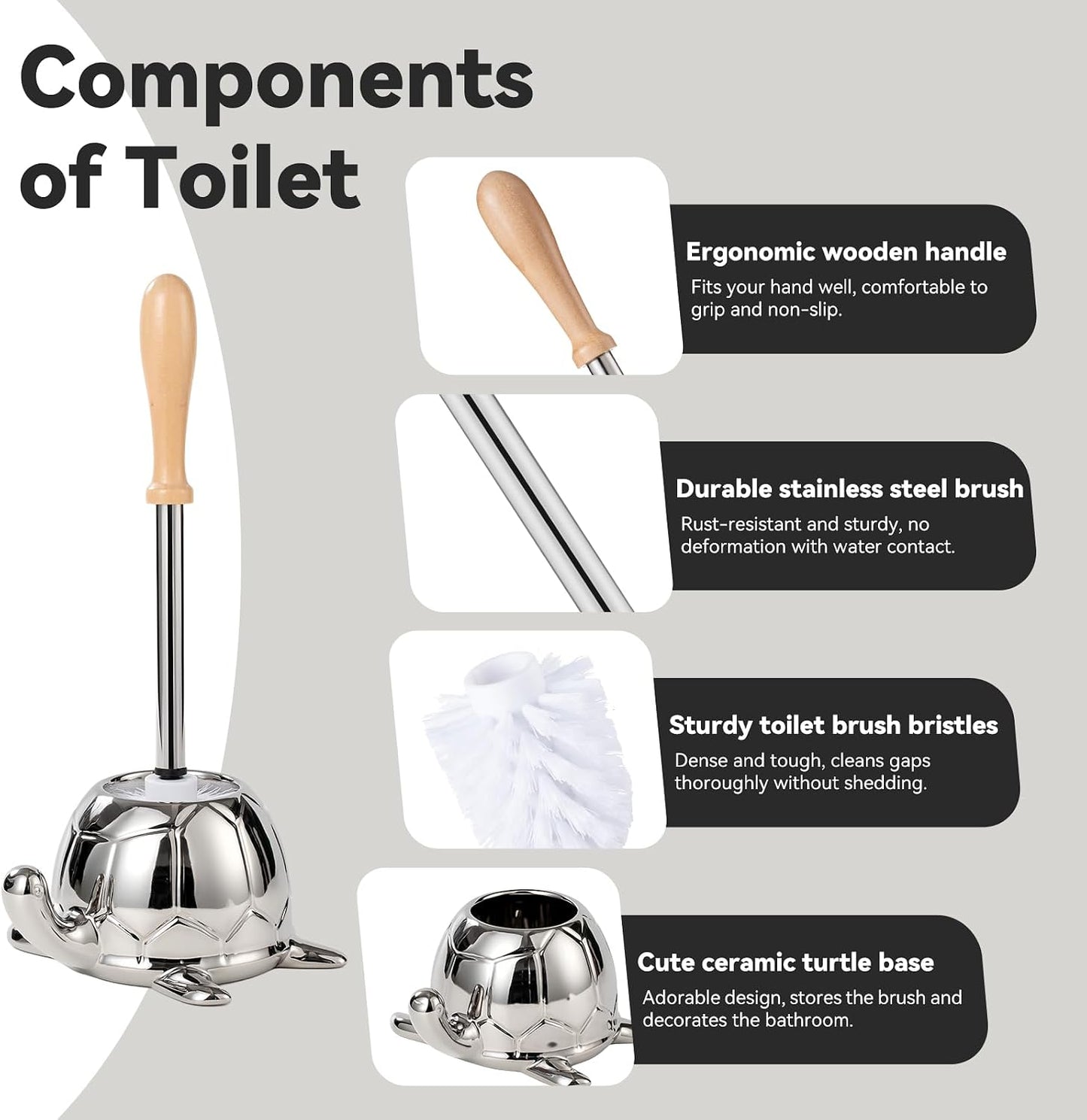 Toilet Brush and Holder Set, Ceramic Turtle Base Toilet Brush Set - 7.5” Bowl Cleaner, Toilet Scrubber Brush with Ergonomic Handle (Silver)