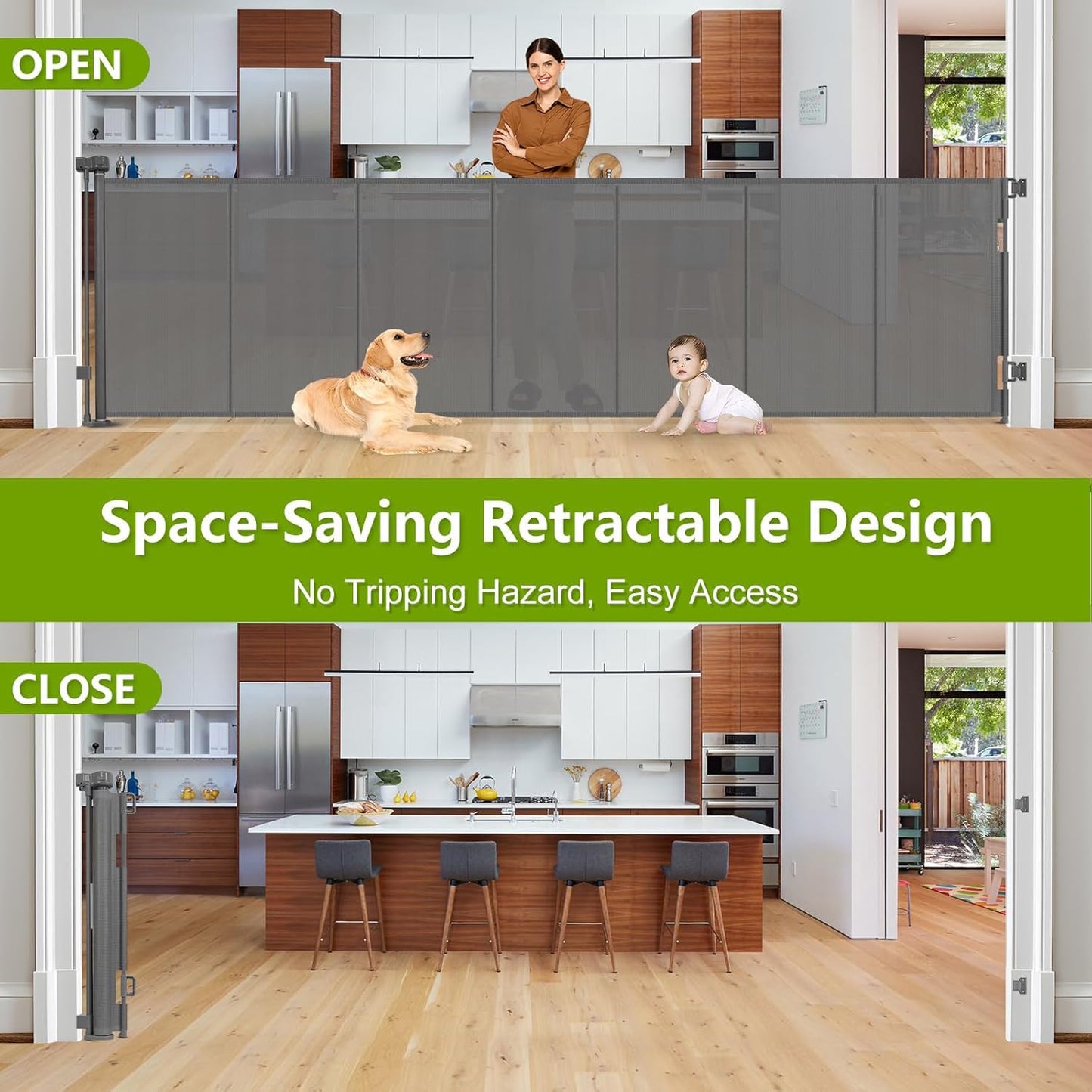 Newly Enhanced - 42" Tall × 120" Extra Wide Retractable Baby Gate Keeps Pets from Getting Under Tall Dog Gate, Indoor/Outdoor Baby Gates for Dogs, Retractable Dog Gate for Large Openings, White