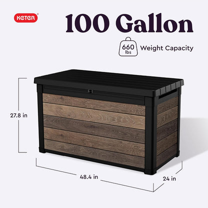 Keter Signature Everwood 30 Gallon Resin Outdoor Storage Box and Patio Furniture Side Table for Pool and Garden Accessories, Walnut