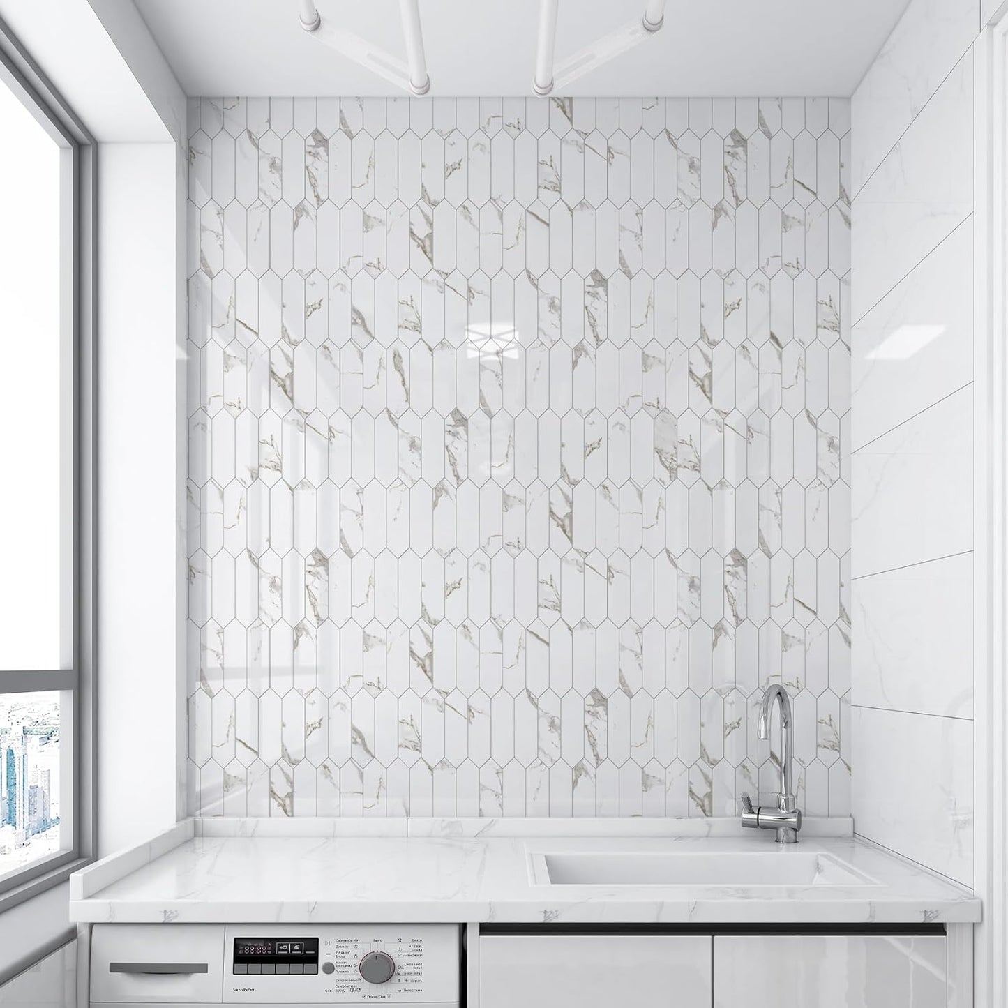 Vamos Tile Glossy Dolomite White Backsplash Tile Peel and Stick, 12.8 x 12.8 Inch 10 Sheets Long Hexagon PVC Self Adhesive Mosaic Wall Tiles Stick on Backsplash for Kitchen and Bathroom