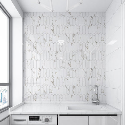Vamos Tile Glossy Dolomite White Backsplash Tile Peel and Stick, 12.8 x 12.8 Inch 10 Sheets Long Hexagon PVC Self Adhesive Mosaic Wall Tiles Stick on Backsplash for Kitchen and Bathroom
