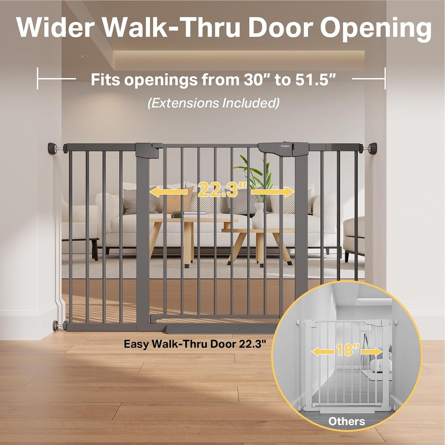 Cumbor 29.7-48" Baby Gate for Stairs, Mom's Choice Awards Winner-Dog Gate for Doorways, Auto Close Safety Pet Gate for Dogs Indoor, Easy Install Pressure Mounted Child Gate with Walk Thru Door, Brown