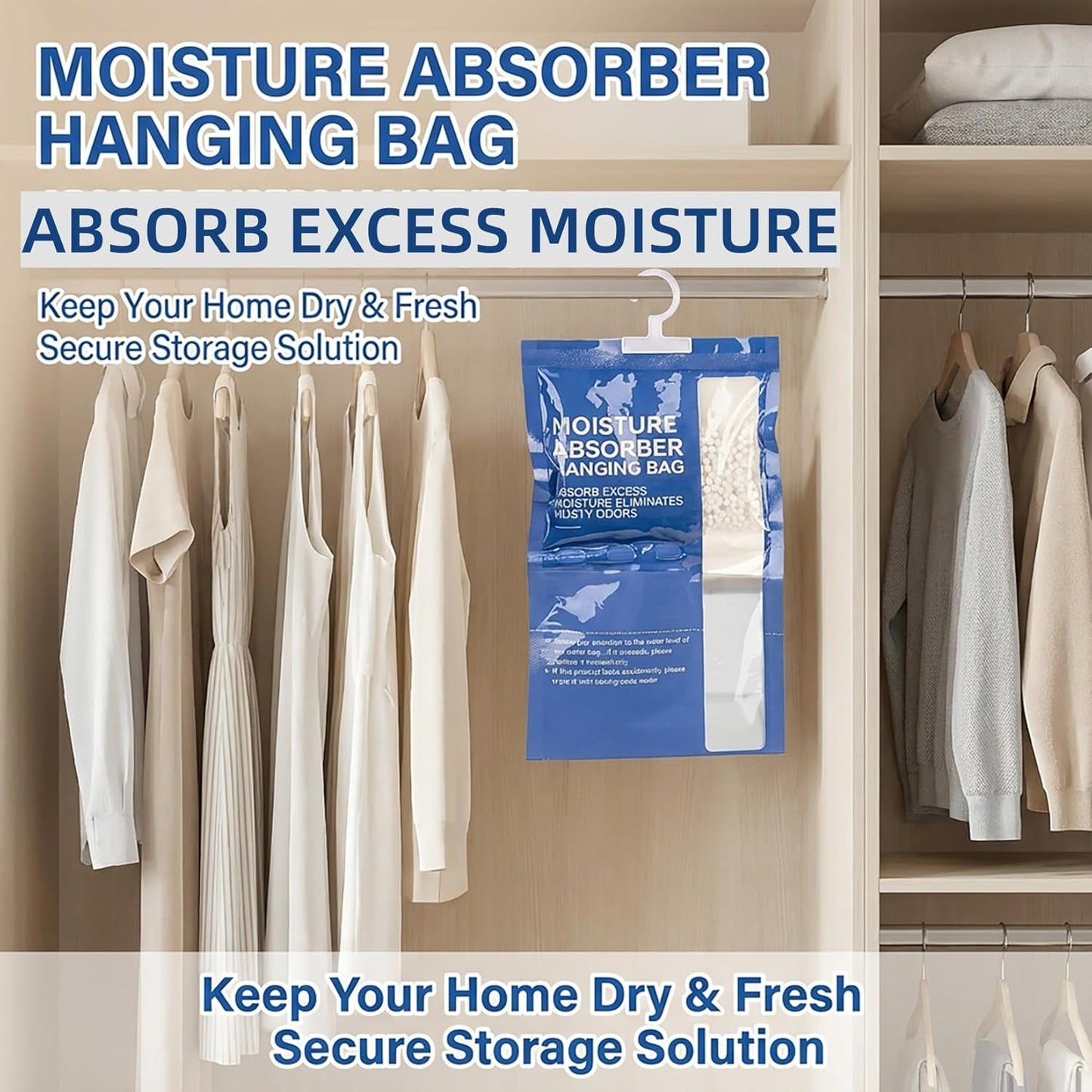 RAINFLOW Dehumidifier Bags Hanging Moisture Absorbers - 4 Packs Dehumidifiers for Home Closet Bathroom Basement, Hanging Bag Desiccant Packs for Bedroom RV Camper, Odor Absorber Household Essentials