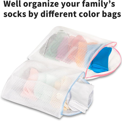 3Pcs Hanging Laundry Bags for Socks with S Hooks, 12 X 10 inch 3 Color Mesh Laundry Bags for Washing Machine