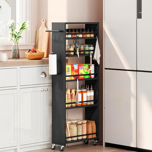 YATINEY 6 Tier Slim Storage Cart, Rolling Utility Cart with 360° Lockable Casters, Handle and 6 Hooks, Space Saving Organizer for Kitchen, Bathroom, Laundry Room, White BC11WN