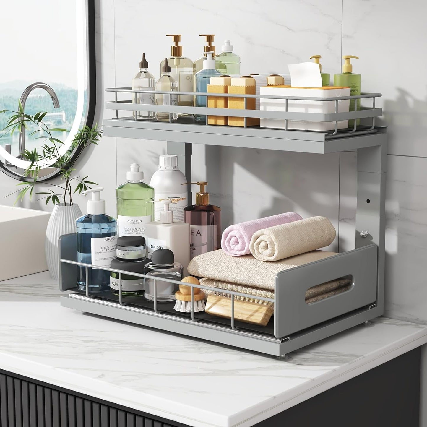 Under Sink Organizer Upgrade To Professional Rails,2-Tier Dual Pull Out Cabinet Storage,Height Adjustable Slide Out Drawers For Bathroom Kitchen,2 Pack-14.5" Dx12.8-16.9" H,White
