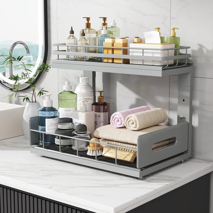 Under Sink Organizer Upgrade To Professional Rails,2-Tier Dual Pull Out Cabinet Storage,Height Adjustable Slide Out Drawers For Bathroom Kitchen,2 Pack-14.5" Dx12.8-16.9" H,White