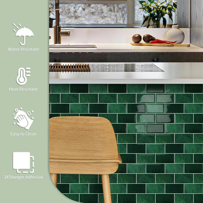 10-Sheet Thick Peel and Stick Kitchen Backsplash Tiles(Green,12"×12") | 3D Subway Waterproof Self-Adhesive Wall Tile Stick on Backsplash for Kitchen and Bathroom